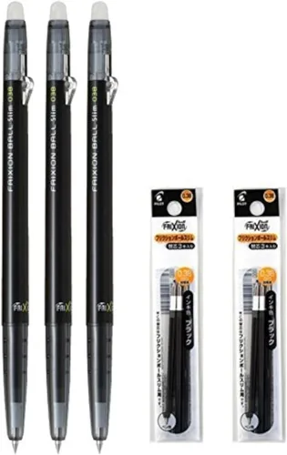 Pilot FriXion Ball Slim 038 - Juego de bolígrafos de tinta de gel borrable retráctiles (punta extrafina, 0,38 mm, tinta negra, 3 bolígrafos y 6