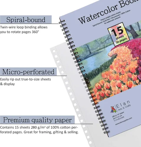 Miniatura 2 de Elan Libro de acuarela A4, papel de acuarela italiano 100% algodón, 15 hojas de papel de 10.58 oz/m², cuaderno de bocetos de acuarela A4, papel