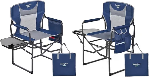 SUNNYFEEL Silla de directores de campamento de gran tamaño, paquete de 2, sillas plegables portátiles para adultos resistentes con mesa auxiliar,