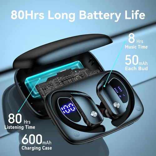 Miniatura 3 de Auriculares inalámbricos bmani, auriculares Bluetooth con 80 horas de reproducción, pantalla LED, funda, gancho para la oreja, con micrófono, sonido