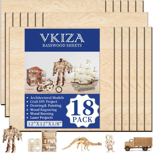 Paquete de 18 hojas de tilo de 12 x 12 x 1/8 pulgadas para manualidades, tablero de madera de tilo sin terminar, perfecto para adornos y modelos de