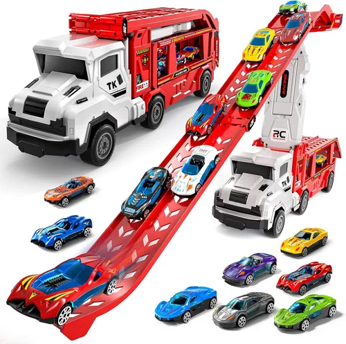 Miniatura 10 de Juguetes de camiones de transporte para niños de 3, 4, 5, 6 y 7 años, juego de camiones transportadores con pista de carreras y 12 juguetes de autos