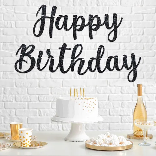 Miniatura 8 de Cartel de feliz cumpleaños pre-encordado – No DIY – Cartel negro de feliz cumpleaños para hombres y mujeres – Guirnalda preencordada en hebras de 6