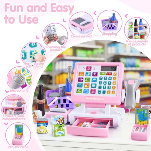 Miniatura 3 de PLAY Caja registradora de juguete para niños - Juguetes de simulación de calculadora con micrófono/transportadores/dinero de juguete/escaner/tarjeta