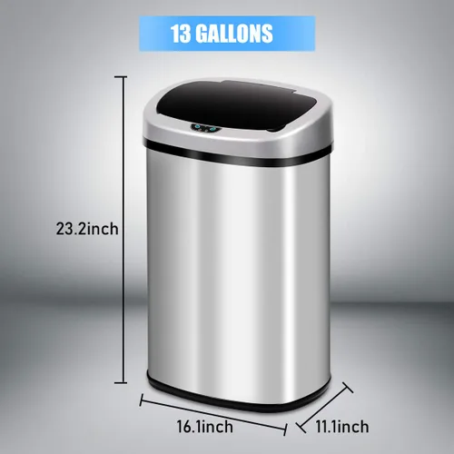 Miniatura 6 de HGS Basurero de cocina de 13 galones, de acero inoxidable con tapa, sensor automático, sin tacto, de gran capacidad, para el hogar, baño, oficina