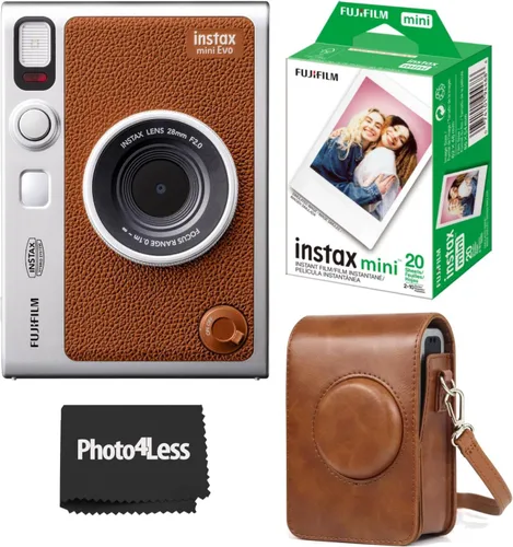 Fujifilm Instax Mini EVO - Cámara instantánea híbrida marrón con funda compatible con Fujifilm Instax Mini EVO + Fujifilm Instax Mini Twin Pack