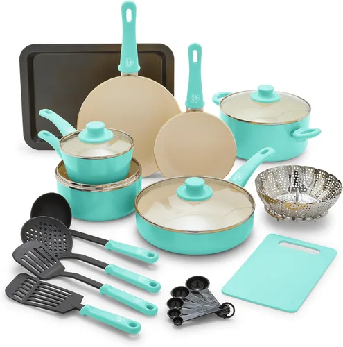 GreenLife Soft Grip - Juego de utensilios de cocina antiadherentes de cerámica saludable de 18 piezas, ollas y sartenes de freír y saltear, sin PFAS