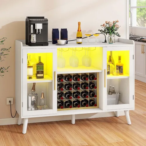 Miniatura 2 de DWVO Armario de bar de vinos con luces LED y tomas de corriente, gabinete de barra de café de 53 pulgadas para licor y vasos, aparador moderno