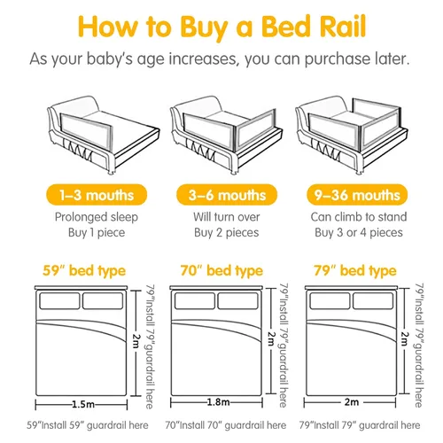 Miniatura 8 de BABY JOY Rieles de cama para niños pequeños, 70 pulgadas extra largas, protección de riel para niños de altura ajustable con doble bloqueo de Gris