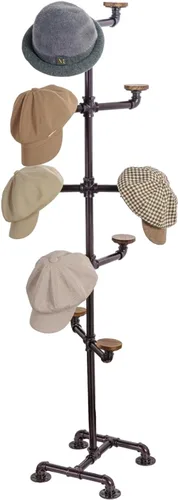 MyGift Estante industrial de metal marrón oscuro con 10 perchas redondas de madera quemada rústica para sombreros, soporte decorativo con ganchos