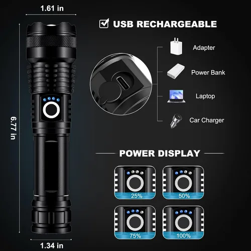 Miniatura 4 de Paquete de 3 linternas LED recargables de alto lumen, linterna súper brillante de 90,000LM, linterna potente ajustable de 5 modos con cable USB