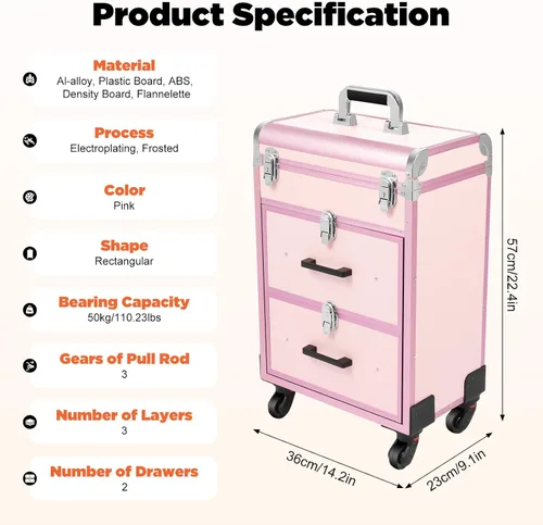Miniatura 2 de YIYIBYUS Estuche de maquillaje rodante, 3 capas de carritos cosméticos profesionales grandes con cerraduras, estuche de viaje de maquillaje con Rosa