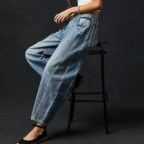 Miniatura 4 de Jeans de tiro medio para mujer, pierna ancha, cintura media, holgados, Y2K, estilo boyfriend, pantalones de mezclilla estilo harén, pantalones