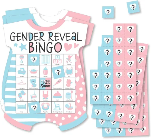 Big Dot of Happiness Juego de bingo para fiesta de revelación de género – Tarjetas de bingo en forma de body para bebé con marcadores, actividades