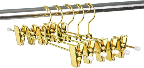 Miniatura 7 de Amber Home Paquete de 10 perchas de metal dorado brillante de 12 pulgadas para pantalones, resistentes para pantalones con 2 clips antideslizantes