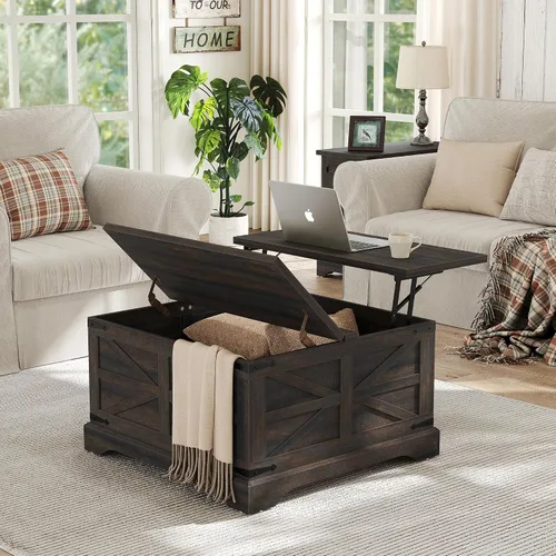 Miniatura 16 de Furnideco - Mesa de centro de granja con superficie elevable, mesa central cuadrada de madera con gran compartimento de almacenamiento oculto