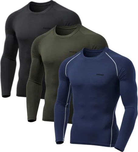 TSLA - Paquete de 1 o 3 camisas de compresión de manga larga FPU 50+ para hombre, camisa de entrenamiento atlético, protector de erupción para