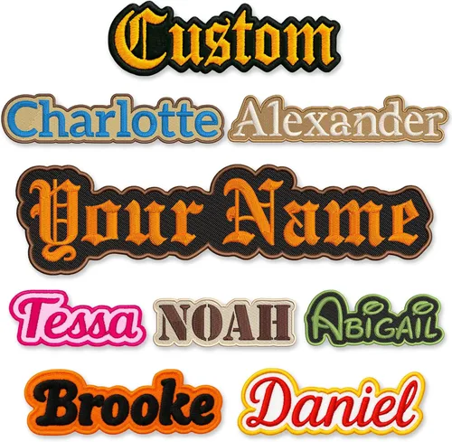 Parches bordados con nombre – Texto personalizado – Planchar, coser, gancho y bucle – Tamaño de 2 a 11 pulgadas – Etiquetas de nombre para ropa,