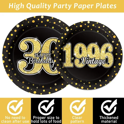 Miniatura 3 de 200 vajillas para fiesta de cumpleaños con temática de 30 años, suministros de fiesta de cumpleaños de 30 años, platos, servilletas, tenedores