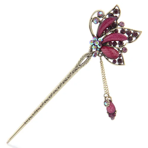 Miniatura 4 de YOY Moda larga decoración de pelo chino estilo tradicional mujeres niñas palo pelo horquilla hacer el pelo accesorio con mariposa, café