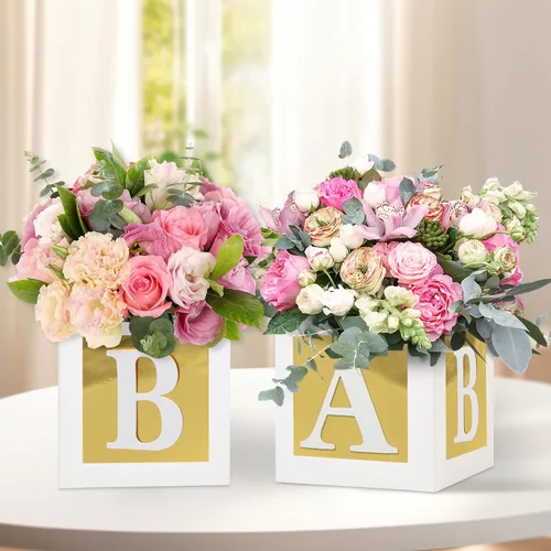 Miniatura 3 de 4 Piezas Cajas de Flores para Baby Shower Centros de Mesa Decoración Dorada Bloque de Bebé Soporte Floral Centro de Mesa Baby In Bloom Revelación