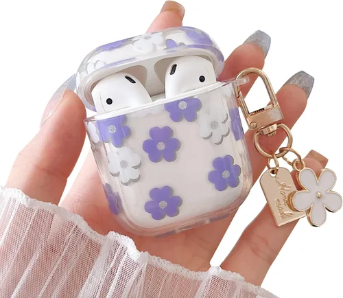 Miniatura 11 de MINSCOSE Funda transparente compatible con AirPods 1/2, bonito diseño de patrón de flores de dibujos animados con llavero floral, funda protectora
