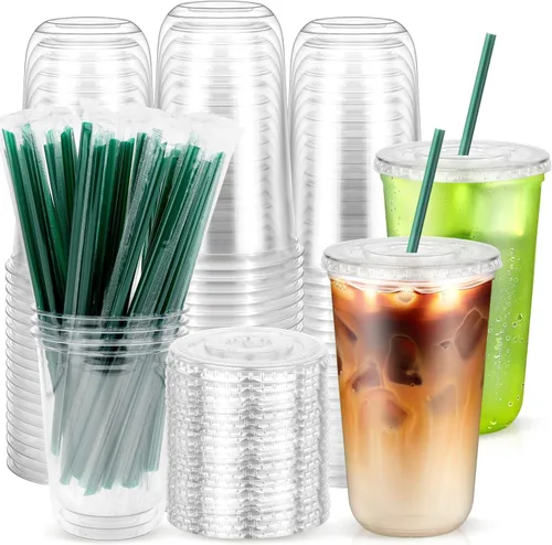 Miniatura 9 de 50 vasos de plástico transparente de 12 onzas con tapas y pajitas verde oscuro, fondo redondo desechables para llevar tazas de café helado, tazas