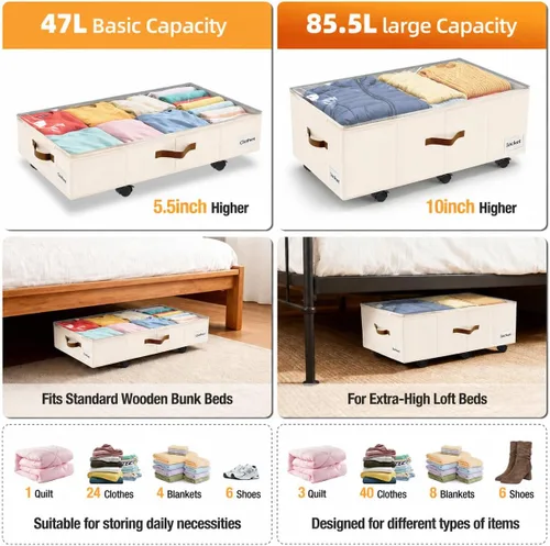 Miniatura 5 de Almacenamiento debajo de la cama con ruedas, almacenamiento debajo de la cama con paredes laterales/parte inferior resistentes, cubierta