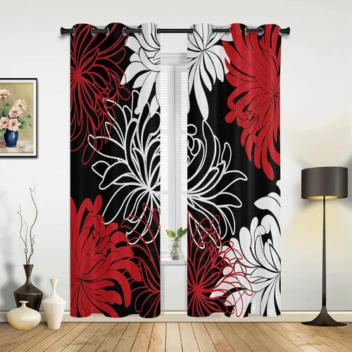 Cortina opaca abstracta con estampado de flores de crisantemo, color rojo, negro y blanco, con ojales, con aislamiento térmico, para dormitorio,