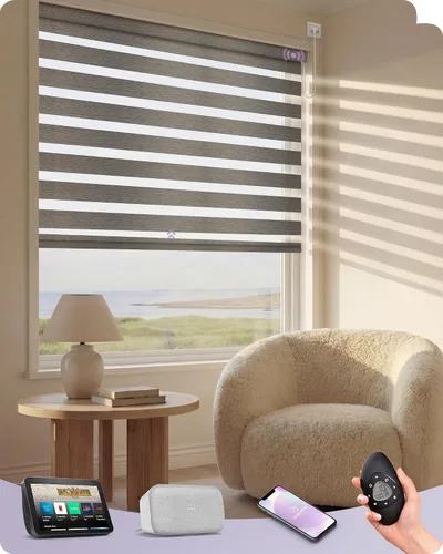 Miniatura 28 de Graywind Persianas motorizadas de cebra para ventanas, persianas inteligentes 100 % opacas con control remoto, persianas de cebra personalizadas