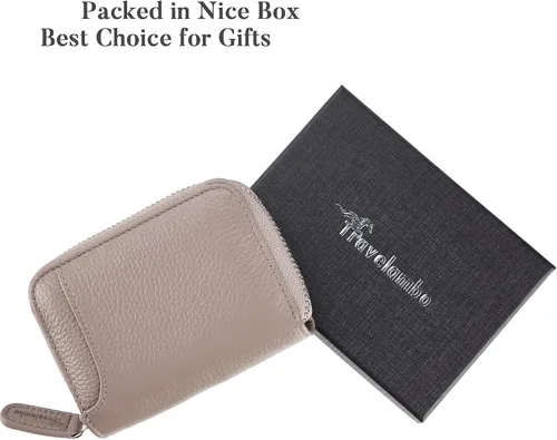 Miniatura 5 de Travelambo Cartera pequeña de cuero genuino con cremallera YKK, Greige