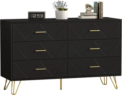 Miniatura 8 de JOZZBY Cómoda para dormitorio, cómoda de madera negra de 6 cajones con asas doradas, cómodas de almacenamiento modernas y cómodas para pasillo
