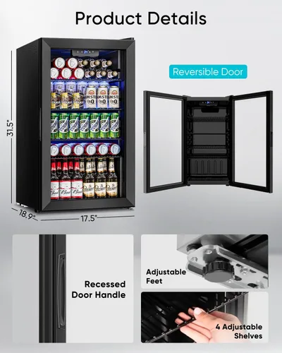 Miniatura 7 de Feelfunn Mini refrigerador de 3.2 pies cúbicos con puerta de cristal, refrigerador de bebidas para 126 latas para bebidas, cerveza, vino, refrescos