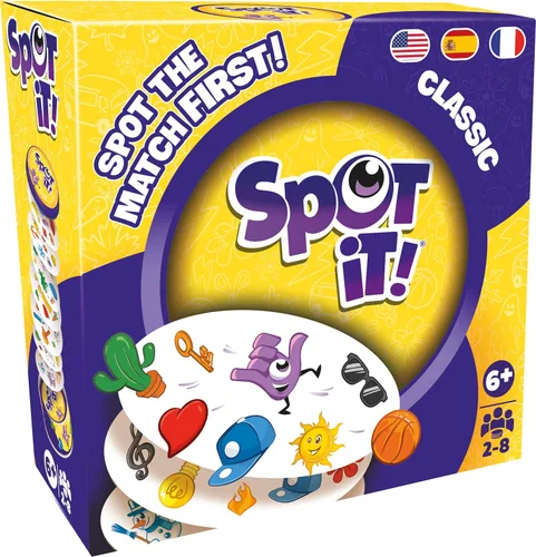 Asmodee Spot It! Juego de cartas clásico (actualización 2024) - Edición con funda ecológica, juego de percepción visual 5 en 1 para reflejos rápidos
