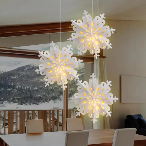 Miniatura 6 de Mudder 3 linternas de copo de nieve de papel de Navidad con 5 luces LED de 23.6 pulgadas, lámparas colgantes blancas 3D de copo de nieve