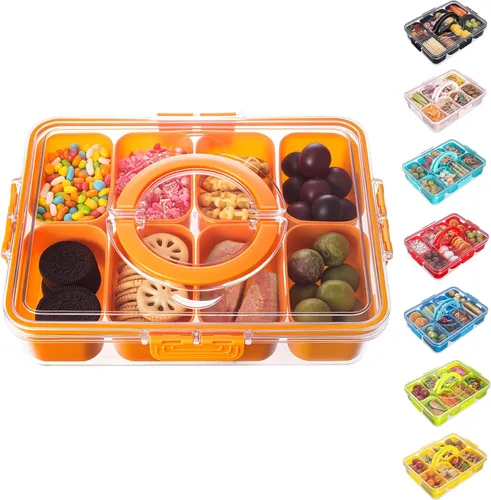 Miniatura 10 de Dingerjar Bandeja dividida para servir con tapa y asa, contenedor de charcutería para aperitivos portátiles, organizador transparente para dulces
