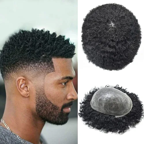 Miniatura 10 de Cabello afro rizado para hombre maravillas de cabello humano afroamericano de repuesto para hombres negros, piel de polietileno completa, sistema