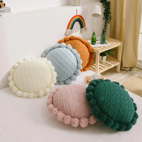 Miniatura 3 de vctops Lindos pompones de punto almohadas con inserto geométrico, cojín redondo suave para sofá cama (azul, diámetro de 20 pulgadas)