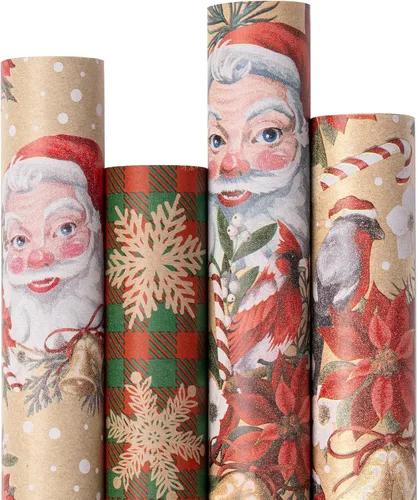 Miniatura 19 de RUSPEPA - Papel para envolver regalos de Navidad, papel kraft – diseños de ciervos, copos de nieve y cuadros – 4 rollos – 30 pulgadas x 10 pies por
