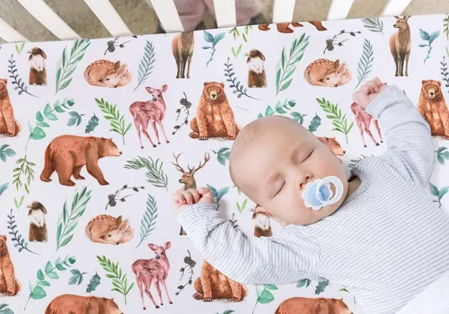 Miniatura 2 de Juego de 4 sábanas ajustadas para cuna con diseño de animales del bosque, neutras en madera, unisex, para bebés niños o niñas
