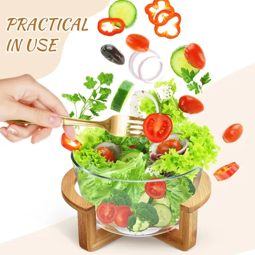 Miniatura 6 de Ensaladera grande de vidrio con base de madera, 84.5 fl oz, resistente al calor, para frutas, aperitivos, postres, microondas y lavavajillas, ideal