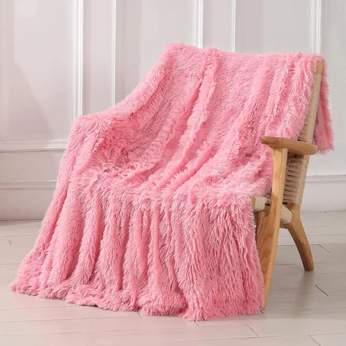 Tuddrom - Manta decorativa extra suave de piel sintética, 50 x 60 pulgadas (127 x 152.4 cm), reversible, de doble capa, de pelo largo, mullida, Rosa