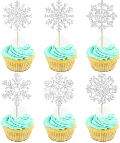 Miniatura 15 de 24 piezas de adornos para cupcakes de copo de nieve, copo de nieve azul con purpurina, adornos para cupcakes de invierno, adornos para pasteles