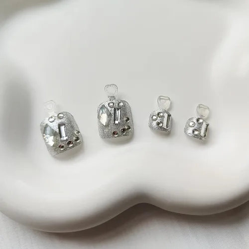 Miniatura 3 de Uñas postizas a presión con purpurina plateada, uñas postizas de cobertura completa, uñas postizas cuadradas de acrílico con diseño de diamantes
