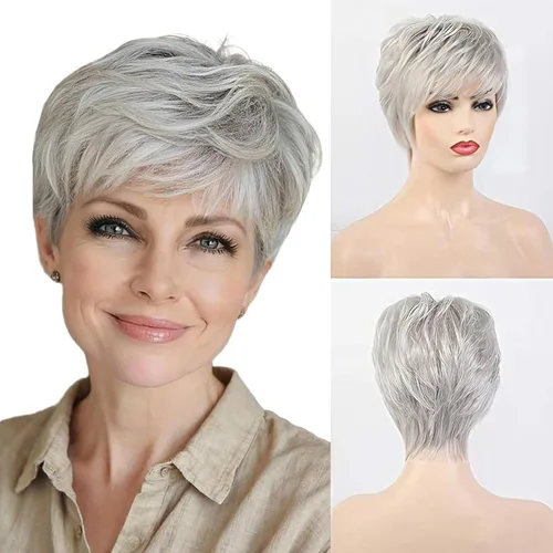 Miniatura 6 de EMMOR Pelucas Cortas Marrones para Mujeres Mezcla de Cabello Humano con Fibra de Memoria Saludable Corte Pixie, Peluca de Cabello Natural de Uso