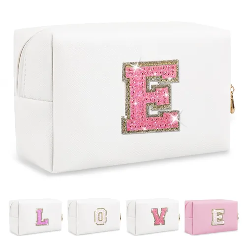 Miniatura 343 de Pequeña bolsa de maquillaje personalizada con inicial A-Z Preppy Patch, bolsa de cosméticos de viaje de felpilla blanca con cremallera, bonita bolsa