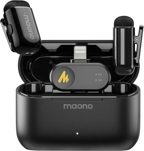 Miniatura 14 de MAONO Wave T1 Mini micrófono inalámbrico Lavalier para iPhone/Android, cancelación de ruido, filtro de voz AI, 30 horas utilizado con estuche