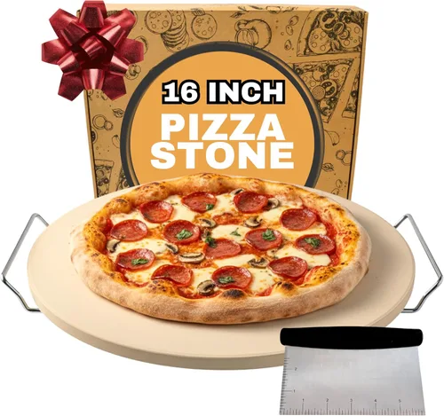 Miniatura 12 de Piedra de pizza grande para horno de 16 pulgadas, piedra redonda para pizza para parrilla con asas, juego de pala y cortador de pizza de madera