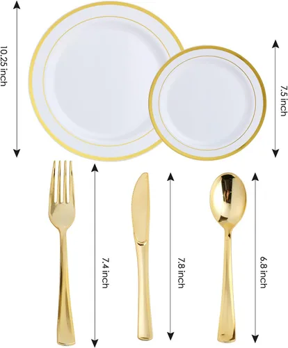 Miniatura 2 de 125 unidades de platos de plástico dorados incluyen 25 platos para cenar, 25 postres desechables y cubiertos desechables dorados, juego de vajilla