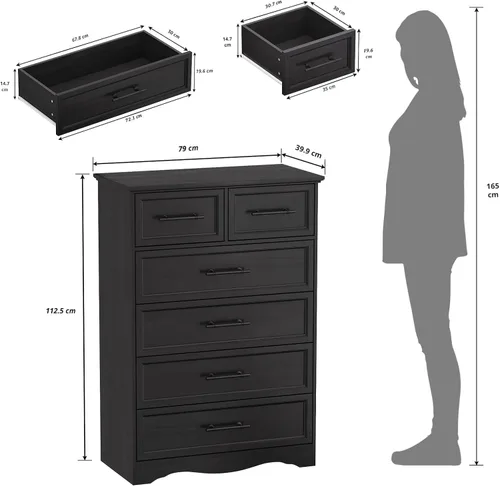 Miniatura 3 de YANSNWO Cómoda de Granja Negra para Dormitorio, Moderna Cómoda de 6 Cajones, Cómoda Alta de 44" con Manijas de Metal Cepillado, Organizadores